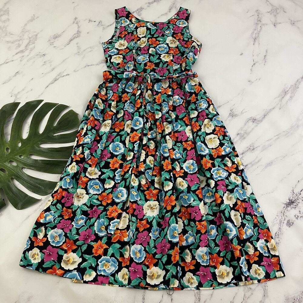 Talbots Vintage 90s Pleated Midi Dress Size 8 Pink Green Floral Buttons Pockets